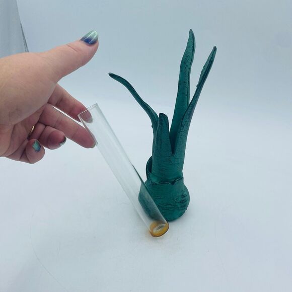 Vintage Verdigris Green Patina Metal Flower Stem Glass Tube Bud Vase - Picture 5 of 10